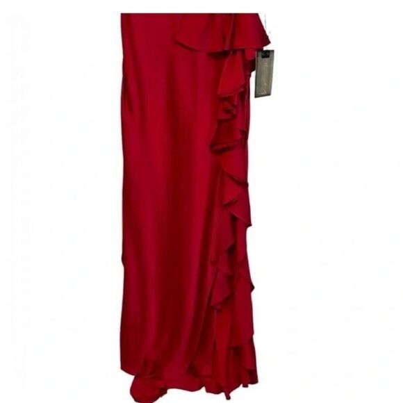 Mac Duggal 67815 Satin Ruffle Asymmetrical Gown Red | Size 8 - Picture 7 of 9